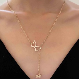Aneneiceera Vintage Butterfly Y Lariat Necklace Gold Butterfly Pendant Necklace Hollow Butterfly Choker Necklace Metal Butterfly Y Drop Necklace Jewellery for Women (Gold), Zinc
