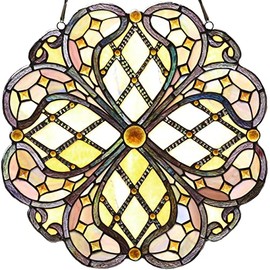 Bieye W10075 Baroque Brass Ball Chain Tiffany Style Stained Glass Window Panel for Decorating, 16-inches Wide Round Shape