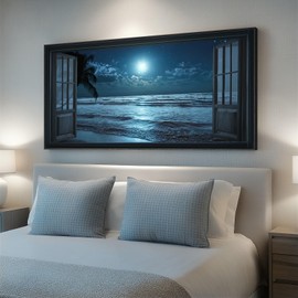 Framed Window Beach Wall Art, Large Ocean Coastal Scene Seascape Canvas Artwork, Horizontal Night Moon Palm Tree Landscape Painting Print for Bedroom Living Room Hallway Office Wall Decor, 24x48 Inch