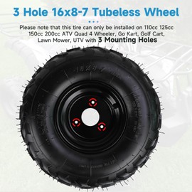 16x8-7 ATV Wheels Rim 16x8x7 Tubeless Tires Compatible with Taotao Coolster 110cc 125cc UTV Quad 4 Wheeler TrailMaster Massimo Roketa Go Kart Lawn Mower Off-Road Replacement Parts 3 Holes Rim