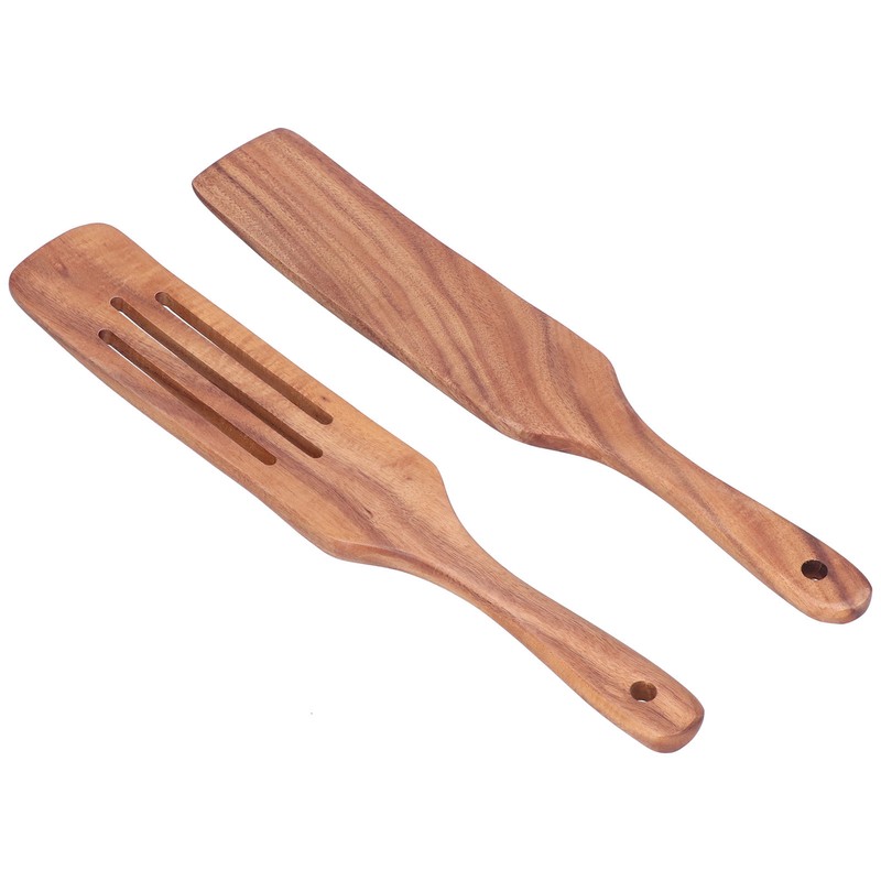 2pcs Slotted Turner Spatula Simple Wooden Spatula with Long Handlefor