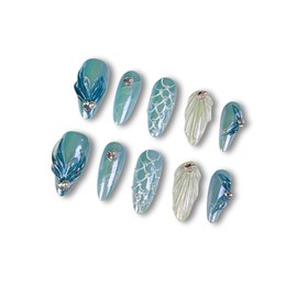 Yabonica Christmas Handmade Press On Nail MediumAlmond 10pcs Acrylic False Nail Tips with Charm Fishtail Shell Design,Nature Reusable Stick On Nail,Embossed Sketch Glue On Nail Art Kit (047, L)