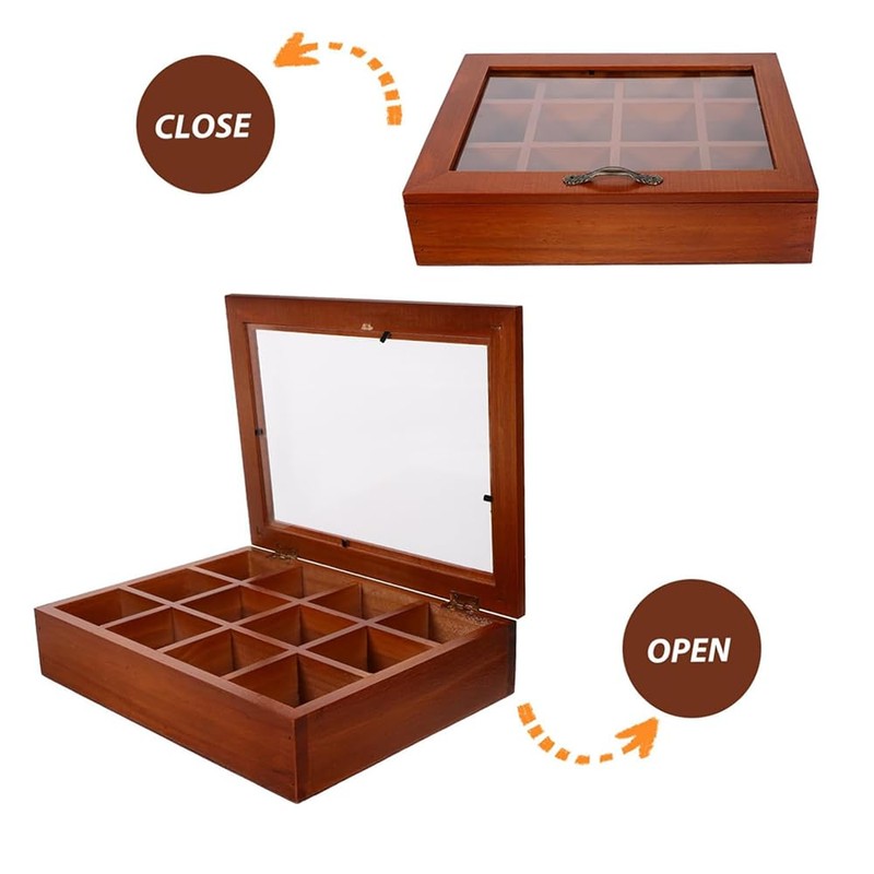 Wooden Tea Bag Storage Box with 12 Compartments, Plexiglass Lid,