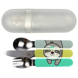 TUM TUM Children's Travel Cutlery - Stainless Steel Baby Cutlery - Children's Cutlery with Motif (Cat) - Extra Storage - Learning to Eat Cutlery Set - Children's Tableware 3-10 Years - BPA Free, Sloth