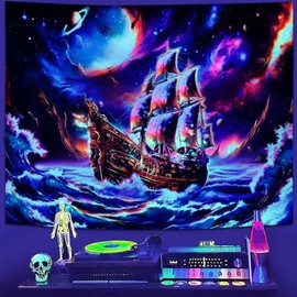 Amhokhui UV Reactive Trippy Tapestry Blacklight Neon Ocean Wave Tapestries Hippie Ghost Sailboat Ship Tapestry Galaxy Space Wall Hanging Decor for Home