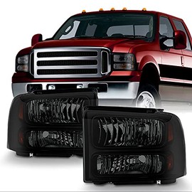 AKKON - For Black Smoke 05-07 Ford F-Series Superduty 05 Excursion Headlight Front Lamps Direct Replacement