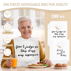 Hicarer 200 Pcs Disposable Adult Bibs with Crumb Catcher Waterproof Disposable Bibs White Large Plastic Bibs with Funny Text Dining Clothing Protectors for Elderly Women Men Eating Food, 19.7 x 15.7''