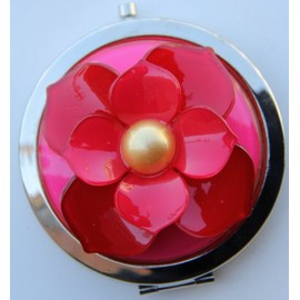 Purse Handbag Double Compact Cosmetic Mirror - 3D (L) HOT PINK Flower