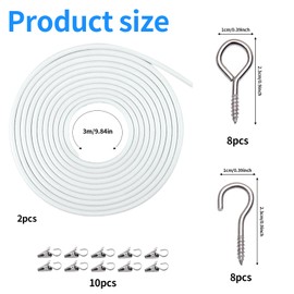 Pack of 2 Curtain Wire, 3 m, Curtain Rope System, White Curtain Rope with 8 Hooks, Screw Eyelets and 8 Curtain Clips, Curtain Wire, Curtain Wire for Shower Curtains, Curtain Rods, Curtains