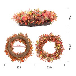 VioletEverGarden 22" Artificial Fall Wreaths for Front Door Autumn Wreath for Home, Fall Wreath with Pumpkins Eucalyptus Leaf Berries for Thanksgiving and Farmhouse Decorations