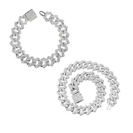KEMUZ Iced Out Kette Cuban Chain Und Armband 2Er Set, Halskette Für Damen Und Herren Mit Flip-Lock Verschluss, Elegantes Collier Mit Zirkonia Steinen, Stilvolles Geschenk Für Paare Und Freunde