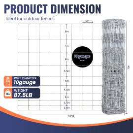 Heavy Zinc Coating Cattle Fence 10Gauge 4'x165' Hog Wire Fence for Yard Garden & Animals Protection Roll US Warehouse DeliveryWire Diameter: 3.2mm, Aperture: 15mm