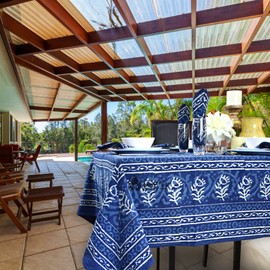 Sweet Us Chiara Floral Cotton Block Print Tablecloth and One Gray Napkin, Floral Kitchen Dining Table Cloth, Table Cover for Indoor and Outdoors, Sapphire Blue, 60 x 60 in