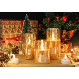 GenSwin Gold Glass Battery Operated Flameless Led Candles with 10-Key Remote and Timer, Real Wax Candles Warm White Flickering Light for Home Decoration(Set of 3)
