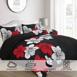 Menghomeus Black Comforter Set Full Red and White Floral Comforter with 2 Pillowcases Modern Bedding Sets Lightweight Boho Bed Set for All Season (1 Comforter, 2 Pillowcases)