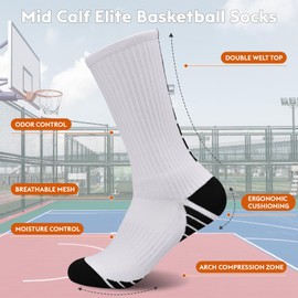 Finerview Elite Basketball Socks for Men 6 Pairs, High-Top Premium Mid Calf Athletic Socks for Adult & Youth