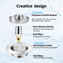 BAOLEXIN Upgraded 3 in 1 Kitchen Sink Drain Strainer -Steel Sink Stopper, Anti-Clogging Sink Food Catcher Basket, Fast Drainage Odor Filter Sink Plug for US Standard 3 1/2 inch