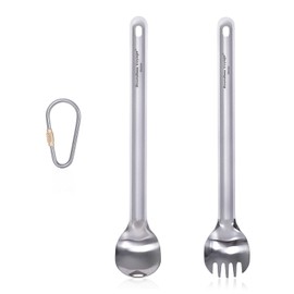 iBasingo Ti1033T Titanium Long Handle Spoon Fork Spork Camping Soup Rice Snack Cutlery with Polished Bowl Ultralight Picnic Uensilien Outdoor Reusable Travel Cookware with Hooks