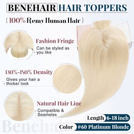 Benehair Clip on Topper Hair Extension with Thin Bang Benehair Human Hair Machine Made Silk Base wiglets 14inch Straight Soft Hair Extension for Women Hair Loss Thinning Platinum Blonde #60