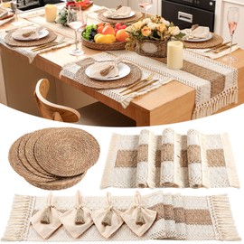 Gandeer 4 Sets Boho Placemats Round Woven Placemats, Cloth Napkins, Wood Bead Napkin Rings, Long Table Runner and Farmhouse Rustic Placemats Natural Burlap Cotton for Kitchen Dining Table Home