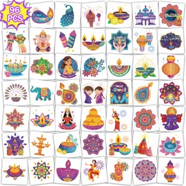 Qpout 96 Pcs Glitter Happy Diwali Temporary Tattoos,Indian Festival of Lights Party Themed Tattoo Stickers for Indian Diwali Hindu Deepavali Party Decoration Supplies