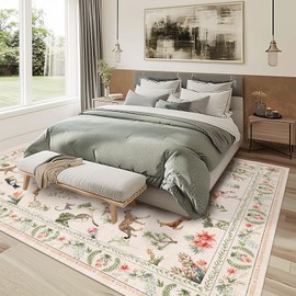 Washable Area Rug 5'×7' Beige Large Living Room Rug Animal Botany Floral Non-Slip Soft Boho Cheetah Flamingo Deer Colorful Oriental Vintage Bedroom Carpet Dining Room Nursery Home Office Indoor Decor