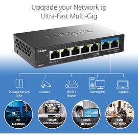 D-Link 7-Port 2.5GB Unmanaged Gaming Switch with 2 x 2.5G, 5 x 10/100/1000 Mbps - Multi-Gig, Network, Fanless, Plug & Play (DMS-107) Black