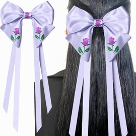 Purple Hair Bow Clip with Ribbons for Women Girls Teens Silky Cute Coquette Little Barrette Belle Cinderella Giftable Accessories Outfit (1, Purple)