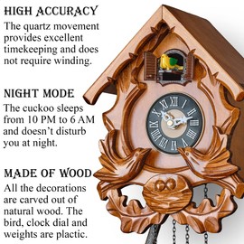 TIMEGEAR Cuckoo Clock with Night Mode, Singing Bird and Carved Wood Decorations (Cherry)