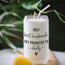 BEHIFL Get Promoted to Daddy Dad Glass Cup with Lids and Straws 14oz, Daddy to Be Gifts, Pregnancy Announcement for Dad Glass Coffee Tumbler Drinking Jars with Cleaning Brush