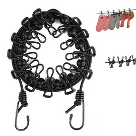 nuoshen Portable Washing Line, Elastic Adjustable Washing Line, Travel Washing Line with 12 Clips and 13 Pieces Positioning Curves for Travel, Holiday, Outdoor, Camping, Dorm (180-360 cm)