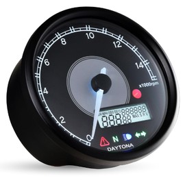 Daytona Velona Electric Tachometer for Motorcycles with LCD Speedometer Indicator Voltmeter, Black Body/White LED, φ80, 15,000 rpm Display