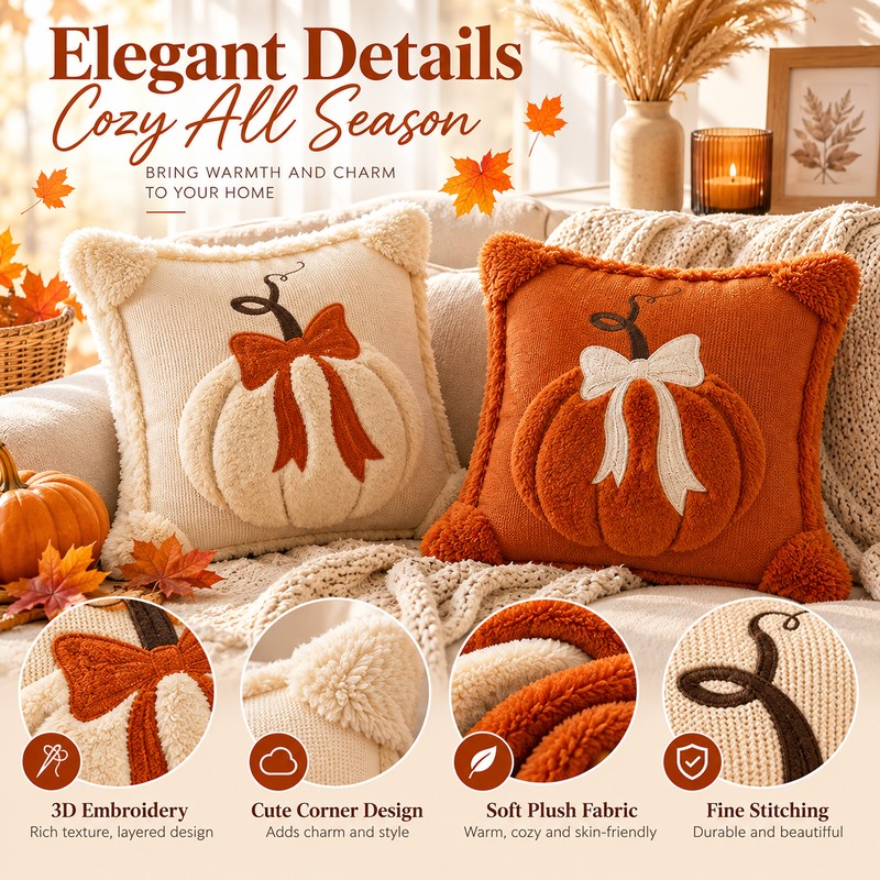 3D Plush Pumpkin Pillow Cover for Fall Decorating – Soft