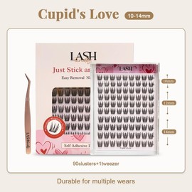 【Lashterally】Makeup # 10-14mm Self-adhesive Glue free Easy Removal DIY lash Extensions natural classic Upgrade D Curl Thick natural  Eyelashes 90/110/120 clusters Tweezer free:_Cupid's Love