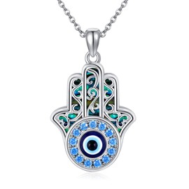 CUPENDA Hamsa Hand Evil Eye Necklace Sterling Silver Hand of Fatima Evil Eye Pendant Good Luck Jewellery for Women, Sterling Silver, No Gemstone
