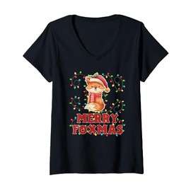 Women's Merry Foxmas Christmas Fox Wearing a Santa Hat, Cute Christmas T-Shirt with V-Neck, black