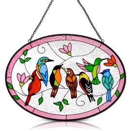 Huray Rayho Birds On A Branch Stained Glass Ornament, 9.5''x6.7'' Cardinal Hummingbird Suncatcher Hand-Painted Double Side Glass Panel Window Hanging Decor Bird Lover Gift for Mom, Grandma, Teacher