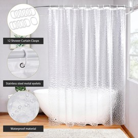 Water Cube Pattern Waterproof Translucent Shower Curtain Liner Shower Tub Liner 180x180cm Bottom with 3 Heavy Duty Magnets with 12 Hooks