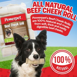 Powerpet Treats Beef Cheek Rolls for Dogs - Promotes Dental Hygiene - 100% Natural & Highly Digestible - High Protein, Low Fat Breeds - No Rawhide - Healthy Chew Treats - 5 Rolls