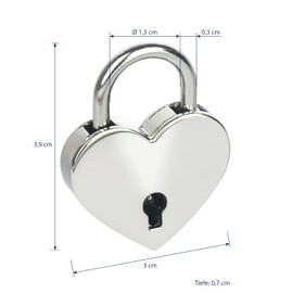 HMF Mini decorative padlock with key in heart shape, 3.9 x 3 x 0.7 cm, silver