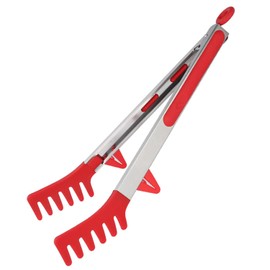 Upgraded Silicone Spaghetti Spoon & Pasta Tong,Non-stick Sturdy Pasta Fork with Teeth,Stainless Steel Handle Spaghetti Tong, Food Clip for Spaghetti Noodles,Server Spoon for Cooking and Serving(Red)