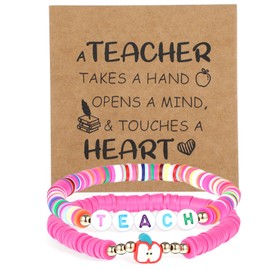 Ouligay 2 PCS Teacher Bracelets Gifts for Women, Teacher Bracelet Appreciation Thank You Gift End of the Year Graduation Gifts for Christmas, Colourful Polymer Clay Bead Bracelets, Back to School