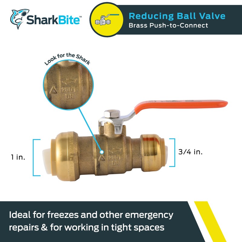 SharkBite 1 x 3/4 in PTC Reducing Ball Valve, Push-to-Connect