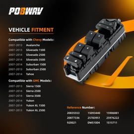 POBWAV 20835553 Power Window Switch Driver Side Compatible with 2007-2014 Chevy Silverado, Tahoe, Suburban, GMC Sierra, Yukon, Replaces 25783951, 20877336, 15093440