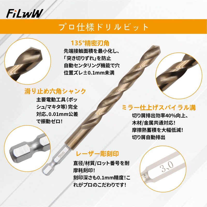 FiLwW Hexagonal Shaft Ironwork Drill 4-piece Set, 0.12 inch (3.0