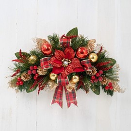 Holiday Tree 25” Teardrop Swag Red Poinsettia with Ring – Handcrafted Christmas Swag with Glittery Poinsettias, Faux Florals, Berries, Ornaments & Plaid Ribbon, Unlit