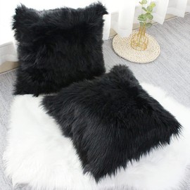 OYIMUA Black 20 x 20 Inches Cushion Covers Pack of 2 Fluffy Soft Faux Fur Square Pillowcases, Luxury Home Decorative Super Soft Plush Pillow Covers Case 50cm x 50cm for Sofa Bed Living Room