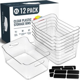 12 PACK Multi-Use Clear Plastic Storage Bins for Organizing w/ Labels - Home, Kitchen, Pantry, Bathroom, Office, Cabinet Shelf Organizer Bins - SOHO Collection, RV, Fridge Organization Containers -XL