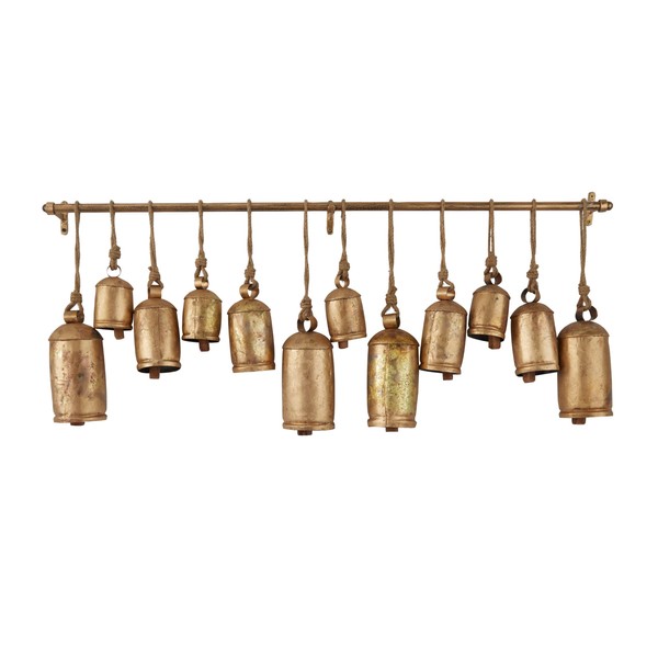 Deco 79 Metal Tibetan Inspired Meditation Decorative Cow Bell with Jute Hanging Rope and Rod, 48" x 6" x 20", Bronze