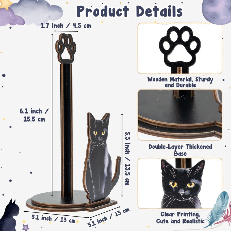 Black Cat Paper Towel Holder - Wooden Paw Kitten Decorative